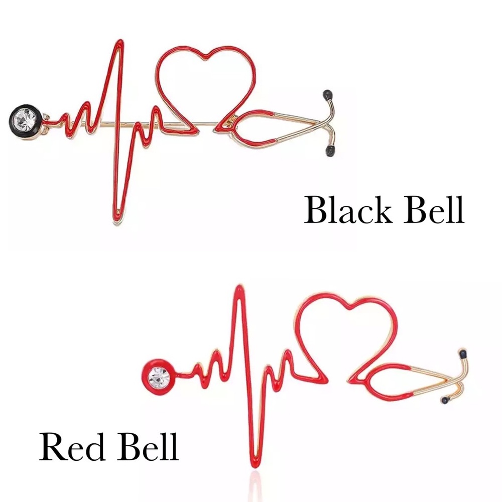 Red Heartbeat Stethoscope Brooch Lapel Pin - Picture 15 of 16